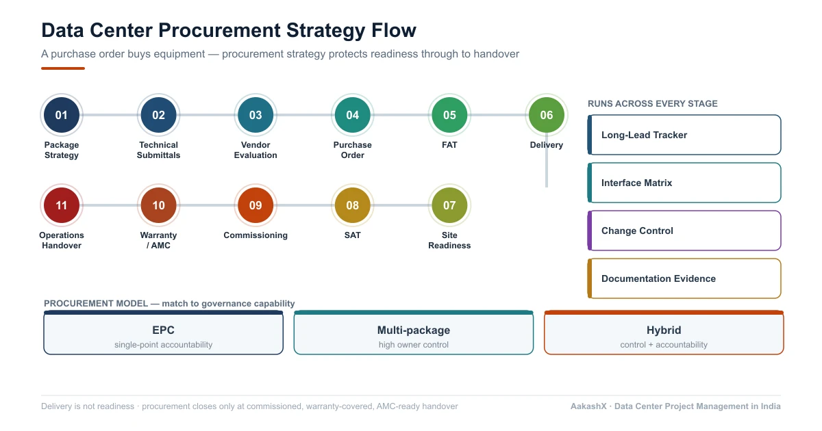 Data center procurement strategy flow from package strategy and technical submittals through vendor evaluation, PO, FAT, delivery, site readiness, SAT, commissioning, and warranty/AMC to operations handover, with long-lead tracker, interface matrix, change control, and documentation evidence side panels.